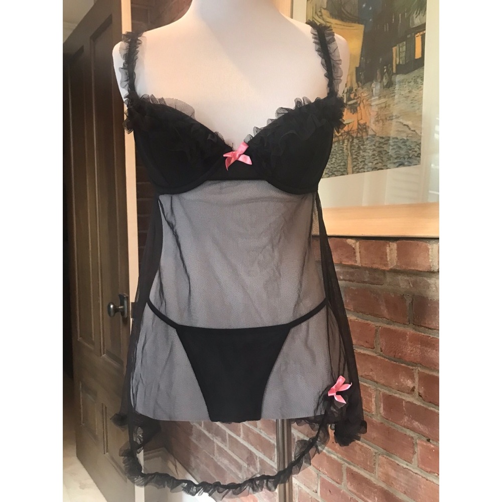 NWT Vintage Victoria’s Secret Sheer Pink Bow Babydoll Set 34C